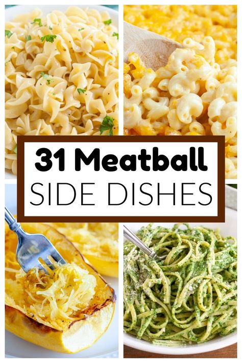 A collection of meatball side dishes. These side dishes pair perfectly with your favorite meatball recipe. From egg noodles to spinach casserole, these meatball sides are easy and delicious. Spaghetti And Meatball Side Dishes, Meatball Sides Dinners, Sides For Turkey Meatballs, Side For Meatballs, What To Serve With Bbq Meatballs, Sides To Go With Meatball Subs, What Goes Good With Meatballs, Sides To Go With Meatballs, Side Dish For Meatballs