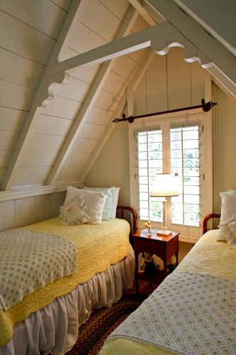 I would love to cozy up in any of these pictures, but the attic room is the one that caught my eye. by Garden, Home & Party Angled Ceiling, Yellow Cottage, Attic Bedrooms, Attic Renovation, Attic Spaces, Attic Remodel, Attic Bedroom, Attic Rooms, Bed Linens