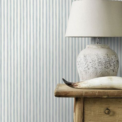 A smart and innocent watercolour stripe brings a charming touch to your walls. Please note This design is a free pattern match. Seen here in the Pastel Blue  White colourway. Neutral Bathroom Wallpaper, Striped Bathroom Walls, Blue Wallpaper Bedroom, Stripe Wallpaper Bedroom, Nursery Wallpaper Boy, Blue Stripe Wallpaper, Lime Wash Walls, Brown Nursery, Boys Room Wallpaper