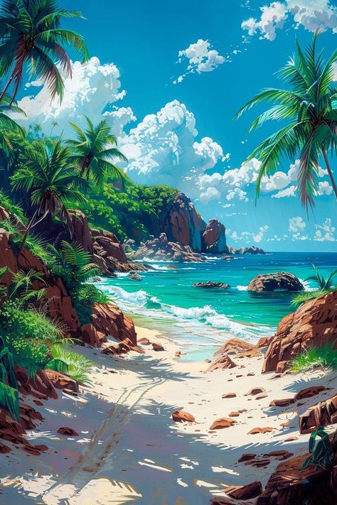 Tropical Landscape Painting, Fantasy Beach, Marble Wallpaper Phone, Acrylic Art Projects, Watercolor Paintings Nature, Dreamy Artwork, Beach Artwork, Beautiful Landscape Photography, Beautiful Oil Paintings