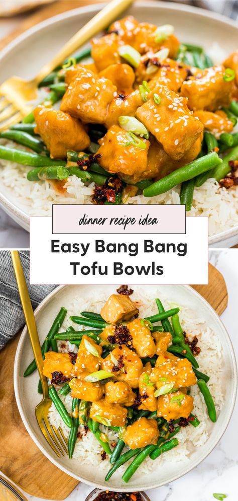 Try this bang bang tofu bowl for a tasty and healthy meal. Featuring crispy tofu bites tossed in a spicy sauce, this dish is one of the best recipes for a flavorful and yummy meal. Plus, it can be made vegan for everyone to enjoy this delicious bang bang tofu bowl. Tofu One Pot Meals, Healthy Tofu Bowl Recipes, Heart Healthy Tofu Recipes, Healthy Spicy Recipes Vegetarian, Medium Tofu Recipes Easy, Bang Bang Tofu Vegan, Asian Tofu Bowl, Tofu Bowl Sauce, Sweet Chili Tofu Recipes