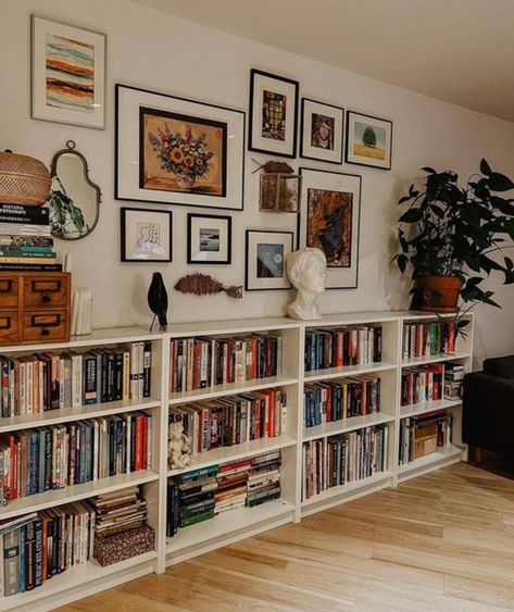 Low Library Bookshelves, Small Apartment Library, Bookshelves Low, Lounge Shelving Ideas, Shelving Ideas For Bedroom, Three Bookshelves, Shelving Unit Ideas, Floor To Ceiling Shelves, Room Library Ideas