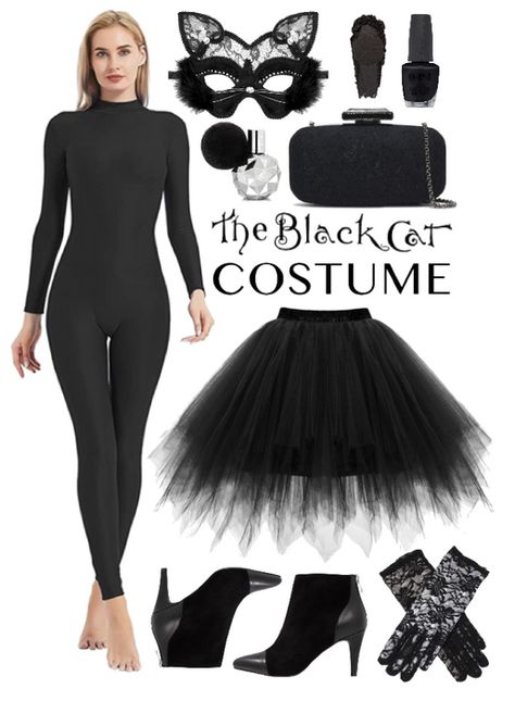 Cat Diy Costume Women, Black Cat Outfit Halloween Costume Ideas, Woman Cat Costume, Cat Costume For Women, Halloween Costumes Cat Outfit, Diy Cat Costume Women Outfits, Cat Costume Diy Women's, Cat Custome Women, Cat Woman Costumes