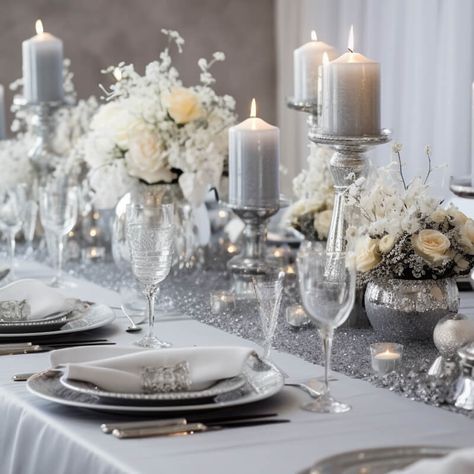 White Silver Theme Party, Silver Theme Party Decoration Table, Diamond Decorations Party Ideas, Silver Wedding Anniversary Table Decor, Silver Table Decor, White And Silver Dinner Party, Silver Dinner Party Decor, Silver Anniversary Ideas Decorations, Winter Wedding Table Decorations Silver White Christmas