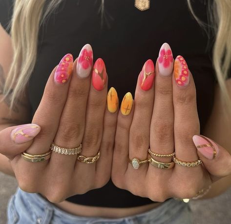 Yellow Flower Nails, Nail Inspo Nail Art, Nail Art Pink, Summery Nails, Cute Summer Nails, Cute Gel Nails, Nail Jewelry, Art Summer, Art Pink