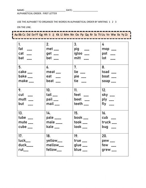 Words In Alphabetical Order Worksheet, Alphabetizing Words Worksheet, Alphabet Order Worksheets, First Letter Worksheet, Alphabetical Order Worksheets, Grade 2 English, Abc Order Worksheet, Elementary Worksheets, Learning Grammar