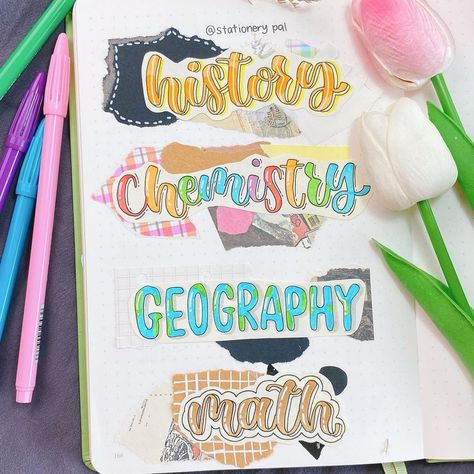 Stationery Pal📝 on Instagram: “Some title ideas for school💡what's your favorite subject❤️⁠⁠ .⁠⁠ .⁠⁠ .⁠⁠ 🎈Get great deals for washi tapes, pens, brush pens, and much other…” Scrapbook Subject Ideas, Header Design For Project, History Header Ideas, Calligraphy Heading Ideas For Project, History Heading Design, Math Header Ideas, Biology Calligraphy Title, Calligraphy Title Ideas, Subject Calligraphy Design