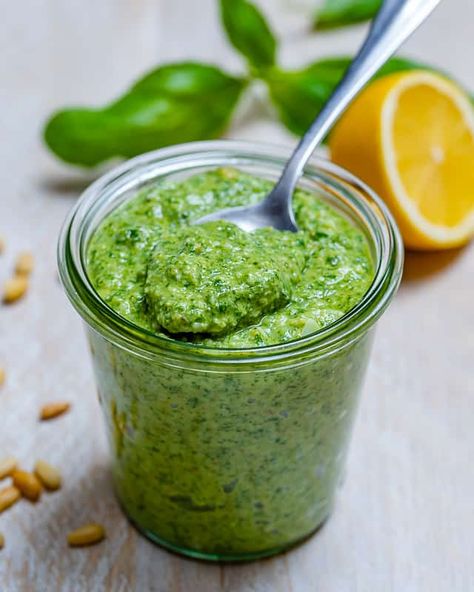 Homemade Pesto Sauce Recipe with Basil | Healthy Fitness Meals Walnut Pesto Recipe, Vegan Pesto Sauce, Vegan Pesto Recipe, Basil Pesto Recipe, Pesto Sauce Recipe, Homemade Pesto Recipe, Pasta Primavera Recipe, Homemade Pesto Sauce, Basil Pesto Recipes