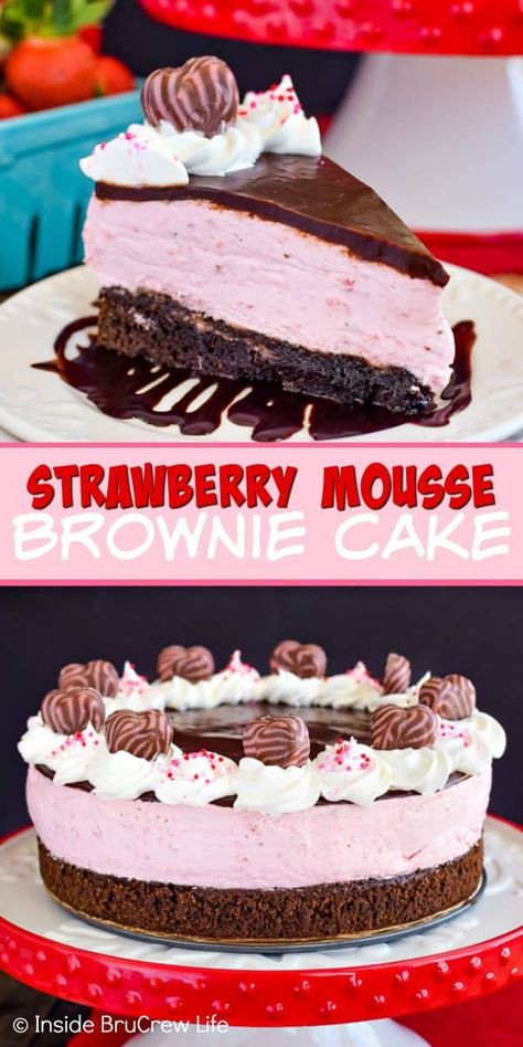 Strawberry Mousse Brownie Cake - the fluffy no bake strawberry cheesecake and homemade brownies make this cake taste amazing. Try this easy recipe when you need to make a special dessert! #brownie #strawberry #valentinesday #recipe #chocolate Baking Strawberry, Strawberry Brownie, No Bake Strawberry Cheesecake, Impressive Dessert, Mousse Chocolate, Brownie Cheesecake, Cake Homemade, Strawberry Mousse, Impressive Desserts