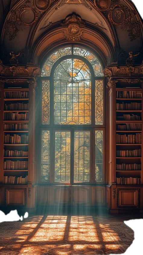 Library With Stained Glass Windows, Gothic Vaulted Ceiling, Castle Library Aesthetic, Ancient Library Aesthetic, School Building Aesthetic, Vintage Library Room, Ethereal Library, Baroque Window, Manor Library