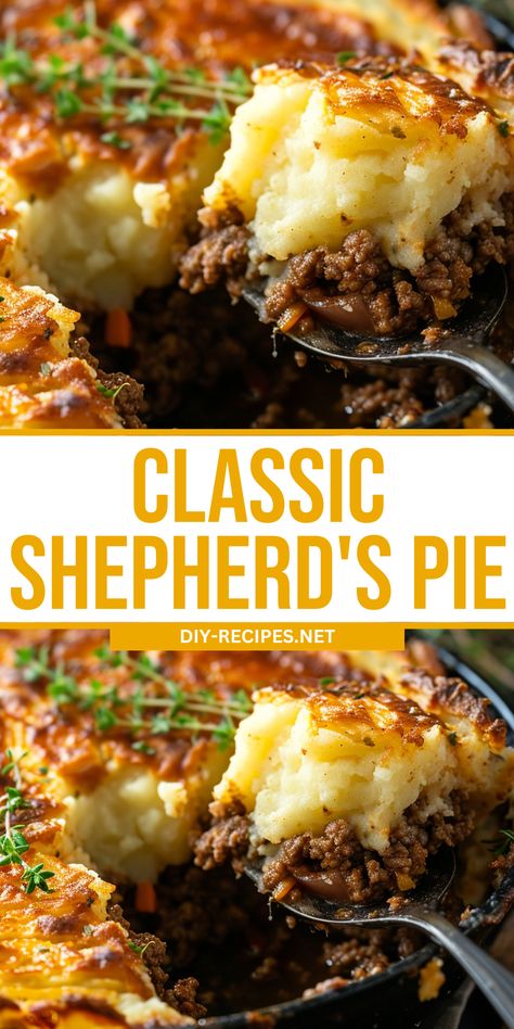 Enjoy a classic Shepherd's Pie with this easy recipe. Flavorful meat filling topped with creamy mashed potatoes, perfect for a cozy meal! Instant Potato Shepards Pie, Brown Gravy Shepards Pie, Shepherds Pie With Ground Lamb, Shepards Pie With Cream Corn, Beef Sheppard’s Pie, Shepherds Pie Recipe With Fresh Veggies, Homemade Shepards Pie, Meals With Mash Potatoes, Meal Ideas With Potatoes