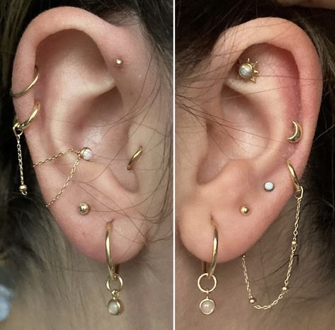 Wedding Earscapes, Capricorn Ear Piercing, Mixed Metal Curated Ear, Piercing Curation Ideas, Mixed Metals Ear Piercings, Ear Piercings Placement Chart Classy, Asymmetrical Piercings, Mixed Metal Ear Curation, Ear Piercings Placement Ideas