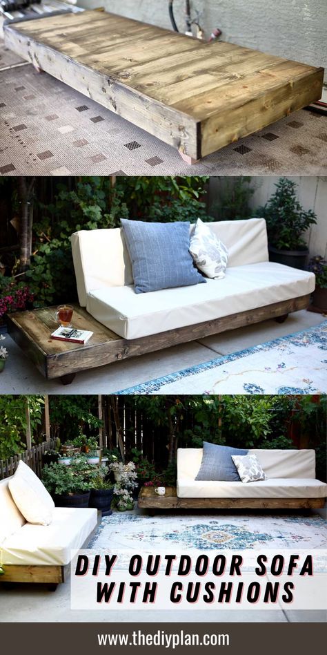 If you’re a DIYer looking to make your own custom patio seating or simply looking for outdoor furniture ideas, check out this DIY Outdoor Sofa with Cushions. #outdoor #project #decor #DIY #inspiration #outdoorsofa Outdoor Couch Diy, Outdoor Sofa Diy, Diy Bank, Front Porch Furniture, Diy Outdoor Seating, Retro Kitchens, Diy Seating, Sofa With Cushions, Outdoor Furniture Diy Easy