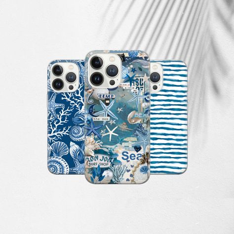 Coastal beach  Phone Case Blue aesthetics Cover for iPhone 15 14 13 12 Pro Xs SE Samsung S24 S23 S22 FE A25 A15 Pixel 8A 7 Pro by ImprintStudioByAli on Etsy Shell Collage, Beach Phone Case, Blue Aesthetics, Girl Phone Cases, Beach Blue, Electronics Accessories, Tropical Summer, Button Covers, Collage Design