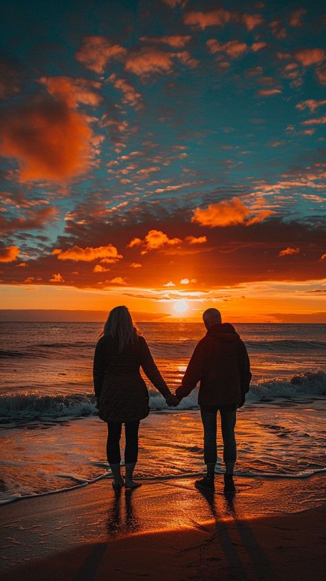 "Romantic Sunset Stroll: A #couple holds hands, silhouetted against a vibrant #sunset sky, with #waves gently kissing the #shore. #romance #silhouette #aiart #aiphoto #stockcake ⬇️ Download and 📝 Prompt 👉 https://stockcake.com/i/romantic-sunset-stroll_714832_1091071" Couples On Beach, Romance Silhouette, Romantic Pics, Sunrise Pictures, Couple Silhouette, Romantic Sunset, Sunrise Beach, Cute Couples Photos, Kissing Couples