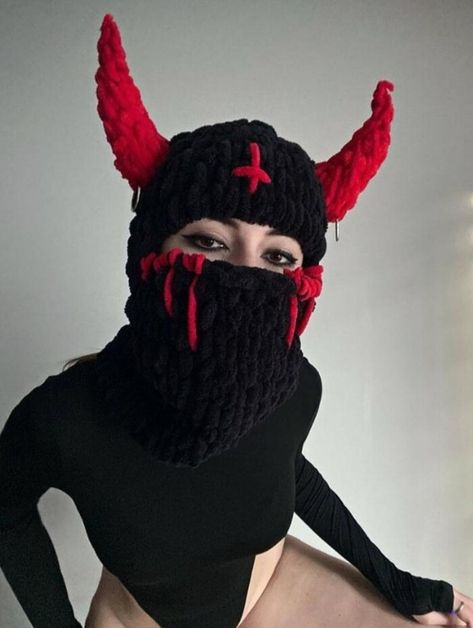 Mask Scary, Beanie Hat Pattern, Crochet Mask, Funny Rabbit, Devil Horns, Knitted Balaclava, Scary Mask, Bunny Hat, Halloween Face Mask