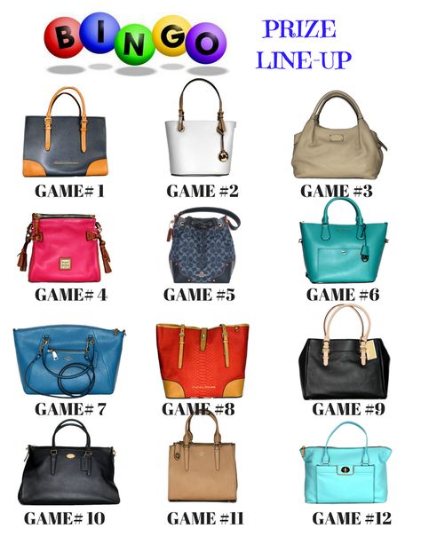 Poster created to show the game line up for handbag bingo Designer Bag Bingo Fundraiser, Purse Bingo Table Decorations, Purse Bingo Fundraiser Ideas, Bingo Clipart, Bingo Fundraiser, Bingo Event, Purse Bingo, Bingo Ideas, Chamber Ideas