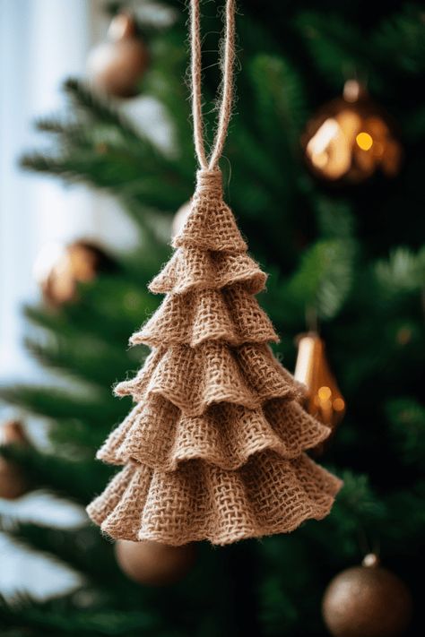 Swing those burlap ornaments onto your tree and watch as it transforms into a rustic retreat, each one a tiny nod to simpler times. #Christmas #Holidays #HomeDecor Burlap Christmas Tree Ornaments Diy, Christmas Burlap Decorations, Burlap Crafts Christmas, Diy Christmas Decorations Rustic, Burlap Tree Decorations, Christmas Crafts Nature, 2024 Christmas Crafts, New Ideas For Home Decoration, Rustic Tree Decor