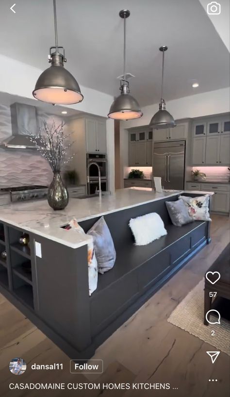 One Sided Kitchen With Island, Island With Built In Banquette, Kitchen Islands With Booth Seating, Kitchen Island Booth Seating Built Ins, Kitchen Island With Hidden Seating, Two Level Kitchen Island With Seating, Kitchen Island With Sink And Stove, Under Island Ideas, Oversized Kitchen Island With Seating