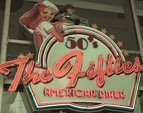 80s Diner, American Diners, Vintage Americana Aesthetic, Coney Island Baby, 50s Vibes, Diner Aesthetic, 50s Aesthetic, Diner Sign, Americana Aesthetic