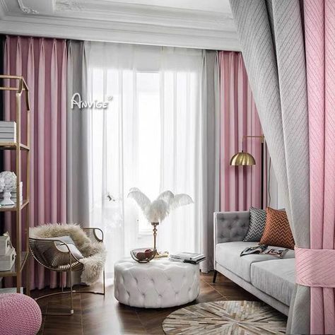 Pink And Blue Living Room Curtains, Curtains Colour Combination, Blush Pink Curtains Living Room, Curtain Colour Combination Living Rooms, Blush Pink And Grey Living Room, Pink Grey And White Living Room, Grey And Pink Curtains, Pink And Grey Living Room Ideas, Curtain Combination Ideas