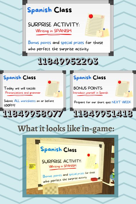 The requester: @RoyaltyDDxx !!! Our country does not have Spanish Class so I had to 100% rely on google for any information 😅 hope you enjoy this spanish class white board decal for your bloxburg school! #roblox #bloxburg #bloxburgdecals #decals #bloxburgschool #bloxburgwhiteboard #bloxburgclass #bloxburgspanish #bloxburgspanishclass Decals For Bloxburg, Bloxburg School, Bloxburg Decals Codes Aesthetic, School Decal, Preppy Decal, School Building Design, Coding School, Roblox Image Ids, House Decals