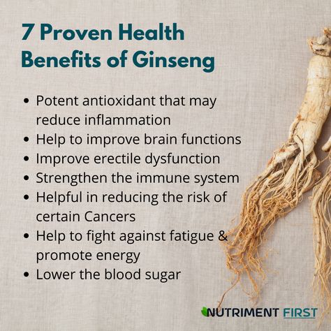 Look for a standard ginseng extract that contains 2–3% total ginsenosides, and consume it before meals to increase absorption and get the full benefits. Here are the top 7 proven health benefits of ginseng. #ginsengherb #ginsengbenefits #rootsandherbs #vegan #nutrition #vegannutrition #herbs #ginseng #brainfood #brainpower #brainbooster #brainboost Benefits Of Ginseng, Ginseng Benefits, Ginseng Extract, Brain Booster, Brain Boost, Improve Brain Function, Vegan Nutrition, Brain Food, Brain Power