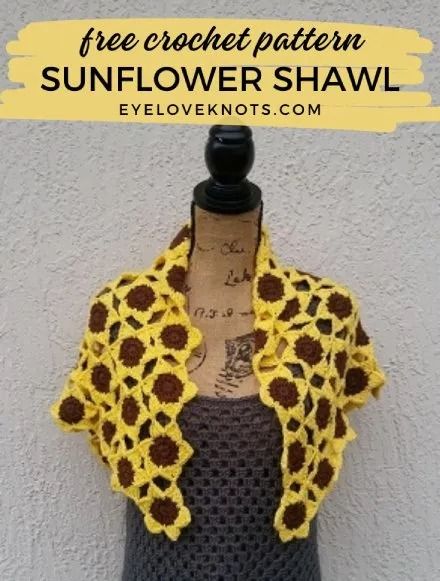 Free Crochet Pattern Sunflower Shawl · Free Crochet Patterns Crochet Pattern Sunflower, Shower Puff, Crochet Sunflower, Waist Bag, Market Bag, Free Crochet Patterns, Craft Fairs, Crochet Hooks, Childrens Clothes