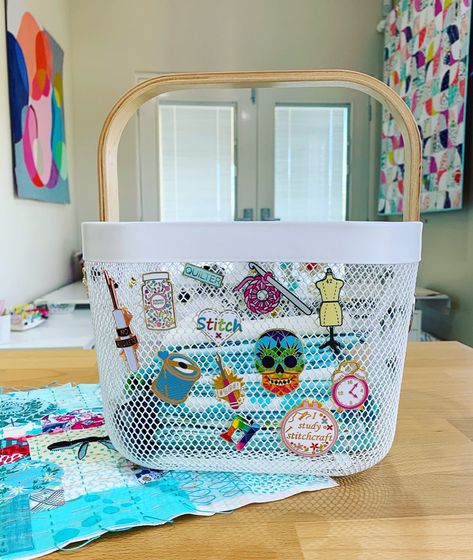 Have a Pin Collection? Need a way to showcase them - Use this Ikea Risatorp Basket Ikea Risatorp Basket Ideas, Ikea Craft Room Baskets, Storing Doll Accessories, Organizing Stuffed Animals Ikea, Ikea Wire Basket, Pin Collection Displays, Ikea Basket, Shipping Container Home Designs, Basket Decor