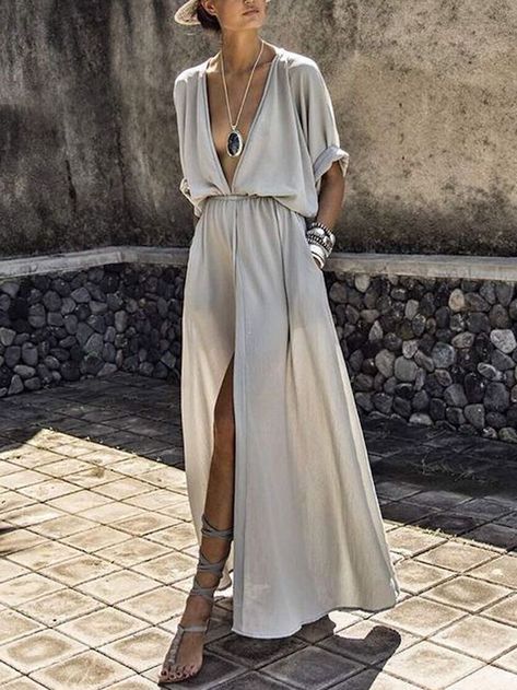 STYLECASTER | Maxi Dress Outfit Ideas | summer maxi dress | casual maxi dress Sukienki Maksi, Plus Size Long Dresses, Plain Maxi Dress, Split Long Dress, Dress Sleeve Length, Split Maxi Dress, Half Sleeve Dresses, Maxi Robes, Split Dress