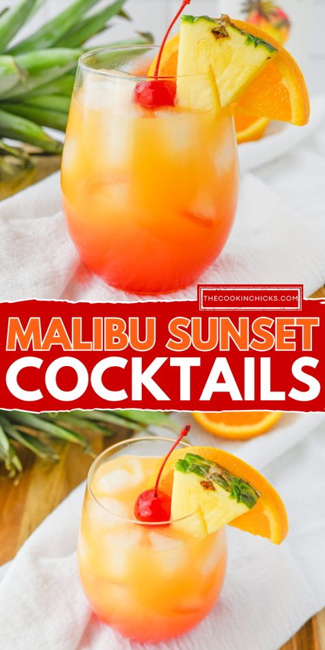 These Malibu Sunset Cocktails are easy to make, packed with fruity flavor, and a tropical drink everyone will enjoy! With layers of pineapple juice, orange juice, Malibu Coconut Rum, grenadine, and cherries all in one drink, this Malibu cocktail is layered to resemble a beautiful sunset! Malibu And Pineapple Juice, Malibu Sunrise Cocktail, Malibu Rum Drinks Recipes, Malibu Cocktail, Drinks With Pineapple Juice, Malibu Rum Drinks, Banana Cocktails, Malibu Pineapple, Malibu Cocktails