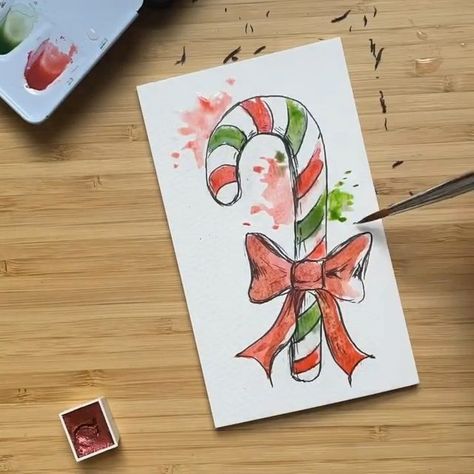 Painted Candy Canes, Candy Cane Paintings On Canvas, Cute Christmas Art Ideas, Candy Cane Watercolor, Watercolor Candy Cane, Easy Watercolor Christmas Cards Ideas, Christmas Drawing Watercolor, Acrylic Christmas Cards, Christmas Painting Watercolor