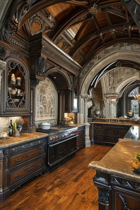 Gothic Architecture Kitchen, Gothic Cottage Kitchen, Gothic Style Kitchen, Opulent Kitchen, Baroque Kitchen, Knightcore Aesthetic, Solarium Kitchen, Victorian Homes Interior Kitchen, Victorian Kitchen Ideas