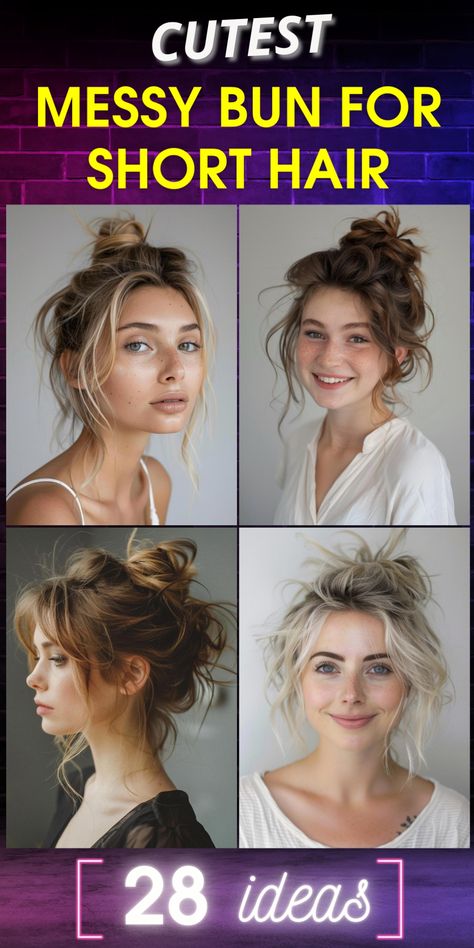 Unlock the secrets of creating the perfect messy bun for short hair. With 29 unique variations, you'll never run out of styling ideas. These effortless updos add a touch of elegance to your everyday look. Master the art of creating texture and volume in your short locks, and discover how a messy bun can transform your appearance. Embrace your hair's natural beauty! Top Knot With Short Hair, Top Of Head Bun, Messy Bun For Short Curly Hair Tutorial, Side Bun Short Hair, Messy Bun Layered Hair, Bangs With Messy Bun, How To Make A Messy Bun With Short Hair, Messy Bun Shoulder Length Hair, Short Hair Buns Messy