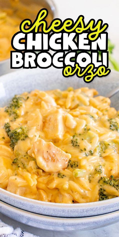 Cheesy orzo with chicken and broccoli Chicken Broccoli Orzo, Broccoli Orzo, Healthy Dinner Casseroles, Cheesy Orzo, Orzo Pasta Recipes, Orzo Dishes, Chicken Casserole Dinners, Cheese Pasta Recipes, New Chicken Recipes