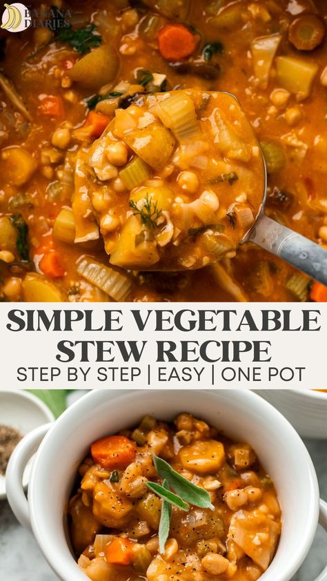 This one pot hearty & comforting vegetable stew recipe is as easy as it is nutrient-dense and deliciously savory! Full of veggies and herbs, mushrooms, potatoes, and beans this veggie stew is ready in just under 1 hour and packed with plant-based protein for a hearty weeknight dinner to keep you warm all winter long! And yes, you can make it gluten free! Healthy Vegetable Stew Recipes, Slow Cooker Veggie Stew, Easy Veggie Stew Recipes, Recipes With Veggie Broth, Vegetarian Potato Stew, Bean Stew Recipes Vegetarian, Hearty Vegan Stew, Sweet Potato Stew Vegetarian, Vegan Stews And Casseroles