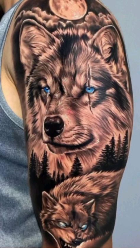 #tattoo#tattooart#tattooidea#tattooartiist#tattoodesign# Half Wolf Tattoo, Simple Tato, Tato Paha, Bear Tattoo Designs, Wolf Tattoo Sleeve, Animal Tattoo Ideas, Half Sleeve Tattoos For Guys, Bear Tattoo, My Tattoos