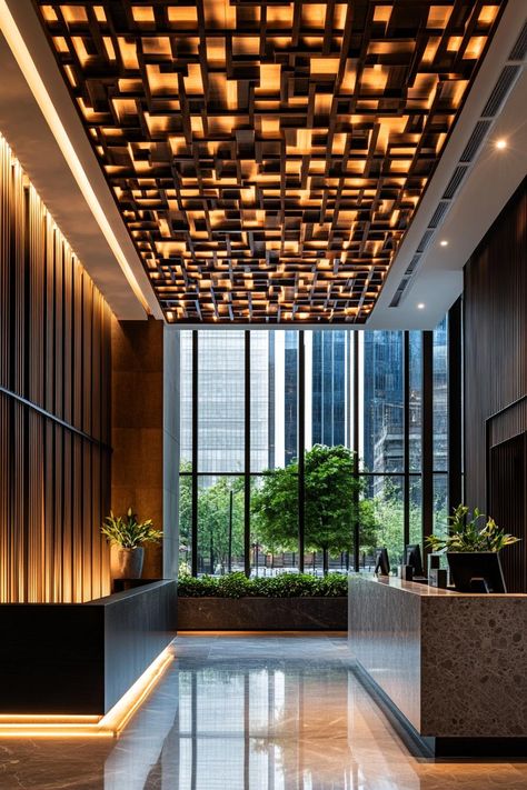 Lobby with geometric ceiling and large windows. Unravel the secrets behind lobby designs that could make even a hotel receptionist want to check-in. Hotel Receptionist, Condo Lobby, White Reception Desk, Lobby Designs, Geometric Ceiling, Timber Wall Panels, Black Counters, Marble Floor, Grand Entrance