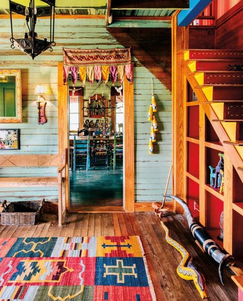 Boho Cabin, Round Top Texas, Vintage Cabin, Orange Decor, Outdoor Dinner, Bohemian Interior, Dark Interiors, Round Top, The Design Files