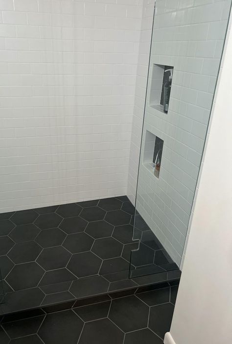 Black Hexagon Tile Bathroom Floor, Black Hexagon Bathroom, Black Hexagon Tile Shower, Black Hexagon Tile Bathroom, Hexagon Shower Floor, Tile Shower Walls, Hexagon Tile Bathroom Floor, Black Bathroom Floor, Tile Bathroom Floor