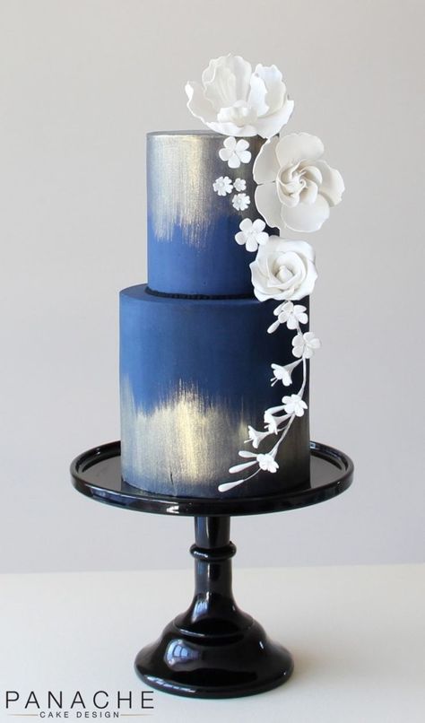 Blue Wedding Cake Ideas 2 Tier, Lobola Cakes, Blue White Gold Wedding, Blue And Silver Cake, White Gold Wedding Cake, Wedding Cake Blue, White And Gold Wedding Cake, Metallic Cake, Metallic Wedding Cakes