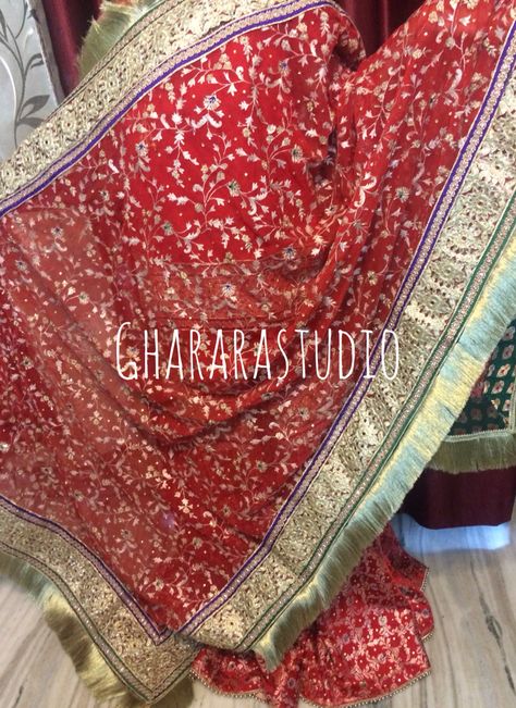 Beautiful and intricate zari, resham, dabka and kundan work on dupatta. TO ORDER/ENQUIRY: ☎️/Whatsapp 9971865919 📩 ghararastudio@gmail.com  ✉️ Inbox in Facebook 📨 Provide your email id #gharara #GhararaStudio #ghararah #gharara4u #ghararagirl #bride #bridal #bridalgharara #wedding #weddingdress #weddingideas #weddinggharara #walima #shaadi #nikah #reception #zari #resham #dabka #kundan #handcrafted #embroidery #jaaldaardupatta #allthingsbridal #allthingswedding #instapic #picoftheday Berta Bridal Long Sleeve, Work On Dupatta, Simple Bridal Shower Decorations, Garden Bridal Shower Invitations, Allure Bridal Gowns, Dupatta Embroidery, Backyard Bridal Showers, Bridal Party Accessories, Purple Bridal Bouquet