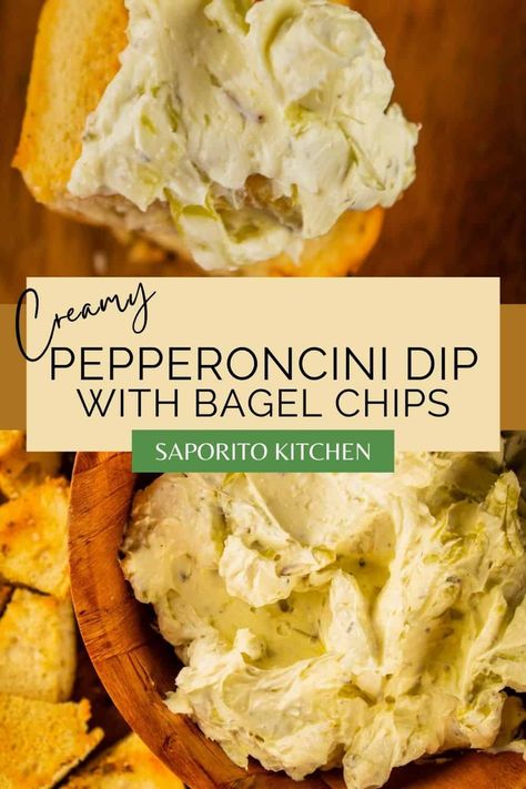 This easy dip made with pepperoncini peppers is both creamy and zesty. Serve this zesty dip with the seasoned homemade bagel chips, your favorite crackers or fresh vegetables! #pepperoncinidip #bagelchips #easyappetizers Pepperoncini Dip, Homemade Bagel Chips, Bagel Chips, Homemade Bagels, Dip Recipes Easy, Recipes Appetizers, Snack Dip, Recipes Appetizers And Snacks, Kitchen Recipe