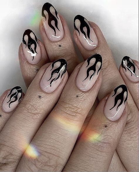 Black Flame Nails Square, Ghost Flame Nails, Chrome Flames Nails, Chrome Flame Nails Designs, French Tip With Fire Design, Black Flame Nails Coffin, Black And Silver Flame Nails, Flame Outline Nails, Black Fire Nails Designs