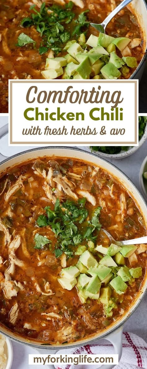 It’s gotten a little chilly outside so it’s time for all things chili. This chicken chili is next level in flavor! It's made with fresh peppers and onions and a delicious spice combination, it’s a dish your whole family will love. It's easily made on the stovetop and it's easy to use leftover shredded chicken breast. It’s ready from start to finish in less than 40 minutes. Chicken Tortilla Chili, Shredded Chicken Chili Recipe, Garlic Chili Chicken, Chicken Chile Recipes, Rotisserie Chicken Chili Recipes, Chicken Chilli Recipes Easy, Chicken Thigh Chili, Chicken Chicken Chili, Chicken Breast Chili