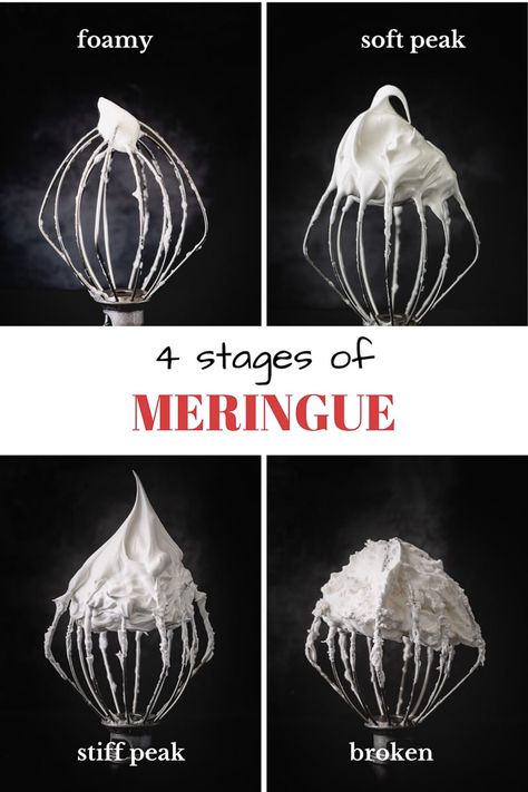 Everything you need to know about making a meringue. Plus, 6 tips to achieve the most stable French meringue and visual cues for 3 stages of meringue. #meringue How To Make Meringue, French Meringue, Meringue Cookie Recipe, Patisserie Fine, Meringue Desserts, Meringue Recipe, Macaron Cookies, Pavlova Recipe, Macaroon Recipes