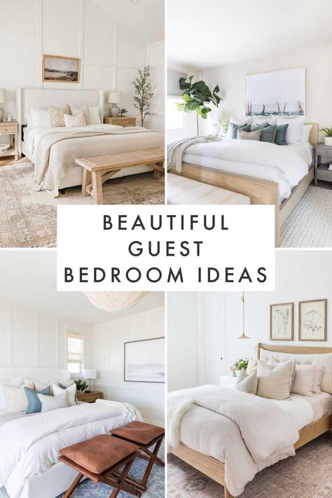 Beautiful guest bedroom ideas for 2024, with inspiration photos, modern bedroom decor, guest basket essentials, guest room prep tips, cozy neutral bedding, and more Small Spare Room, Guest Basket, Guest Bedroom Inspiration, Guest Bedroom Ideas, Vibe Bedroom, Small Guest Bedroom, Neutral Bedroom Decor, Guest Bedroom Design, Beautiful Bedrooms Master