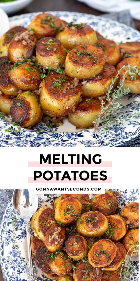 *NEW* These melting potatoes are bathed in butter, herb, and broth mixture and have caramelized exteriors and tender interiors. #potatoes #sidedishes Multi Colored Potato Recipes, Melted Potatoes Recipe, Butter Potato Recipes, Italian Potatoes Recipes, Fresh Potato Recipes, Melting Potatoes Recipes, Potato Receipts, Melted Potatoes, Melt In Your Mouth Potatoes