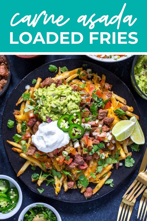 Carne Asada Fries are topped with cheese, steak, pico de gallo, guacamole, jalapenos and sour cream - they're the definition of fully loaded! Carne Asada Fries Recipe, Mexican Fajitas, Homemade Protein Shakes, Carne Asada Fries, Lasagna Soup Recipe, Mexican Dinner Recipes, Loaded Fries, Healthy High Protein Meals, Cheese Steak