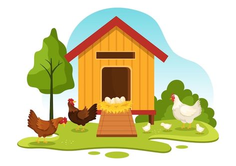 Vector poultry farming with chicken and ... | Premium Vector #Freepik #vector #poultry-farm #chicken-farm #poultry #chicken-coop Chicken Coop Illustration, Chicken Coop Art, Egg Farm, Family Games To Play, Farm Cartoon, Farm Clipart, Farm Vector, Cartoon Template, Field Background